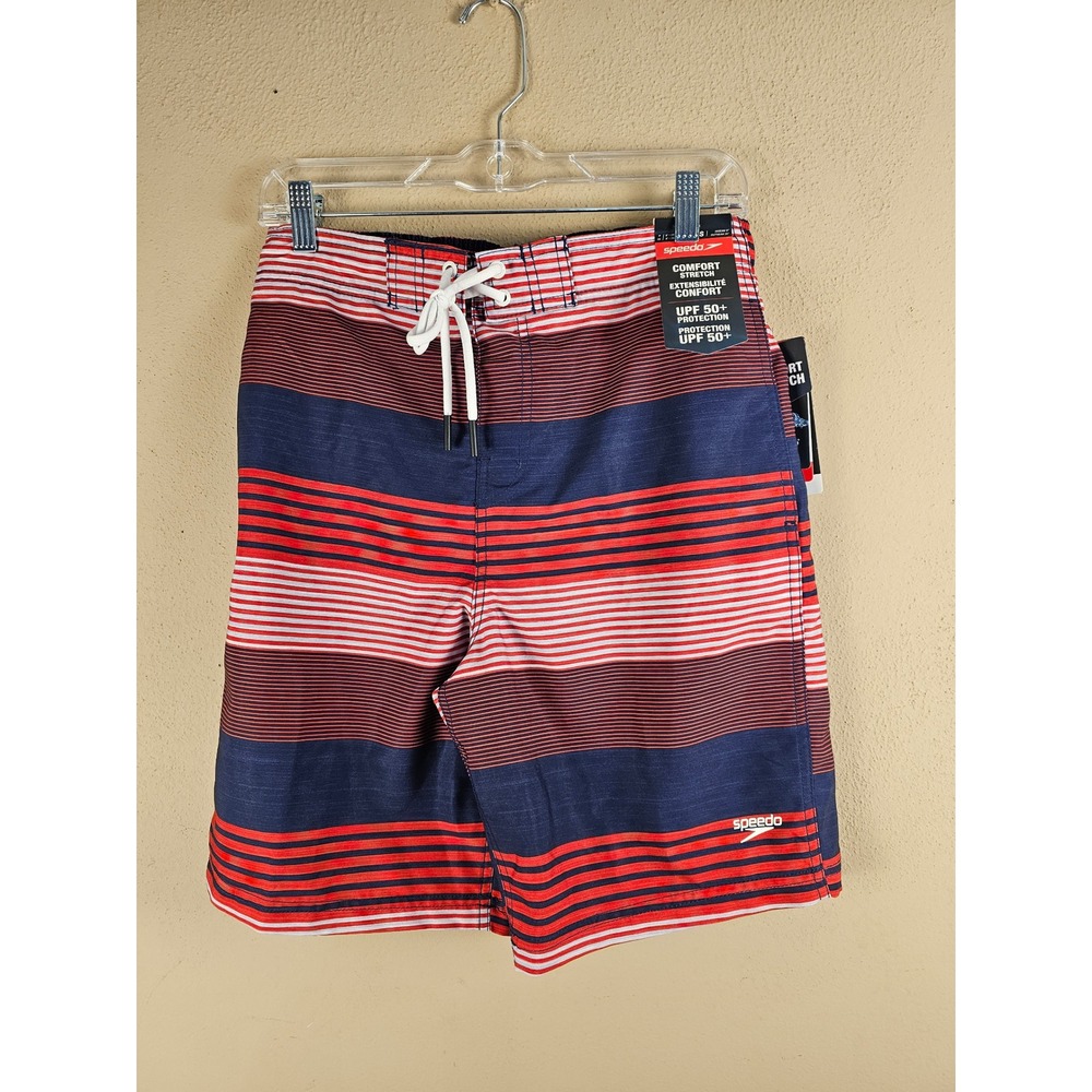 NWT Speedo Mens Red White Blue Striped Swim Trunks‎ Board Shorts Small